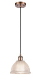 516-1P-AC-G422 Cord Hung 8" Antique Copper Mini Pendant - Clear Arietta Glass - LED Bulb - Dimmensions: 8 x 8 x 8<br>Minimum Height : 12.75<br>Maximum Height : 130.75 - Sloped Ceiling Compatible: Yes