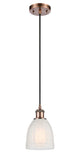 516-1P-AC-G441 Cord Hung 5.75" Antique Copper Mini Pendant - White Brookfield Glass - LED Bulb - Dimmensions: 5.75 x 5.75 x 8<br>Minimum Height : 12.75<br>Maximum Height : 130.75 - Sloped Ceiling Compatible: Yes