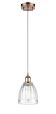 516-1P-AC-G442 Cord Hung 5.75" Antique Copper Mini Pendant - Clear Brookfield Glass - LED Bulb - Dimmensions: 5.75 x 5.75 x 8<br>Minimum Height : 12.75<br>Maximum Height : 130.75 - Sloped Ceiling Compatible: Yes