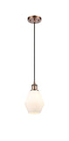 516-1P-AC-G651-6 Cord Hung 6" Antique Copper Mini Pendant - Cased Matte White Cindyrella 6" Glass - LED Bulb - Dimmensions: 6 x 6 x 10<br>Minimum Height : 13<br>Maximum Height : 130 - Sloped Ceiling Compatible: Yes