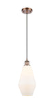 516-1P-AC-G651-7 Cord Hung 7" Antique Copper Mini Pendant - Cased Matte White Cindyrella 7" Glass - LED Bulb - Dimmensions: 7 x 7 x 14.5<br>Minimum Height : 17.5<br>Maximum Height : 134.5 - Sloped Ceiling Compatible: Yes