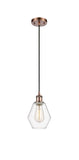 516-1P-AC-G652-6 Cord Hung 6" Antique Copper Mini Pendant - Clear Cindyrella 6" Glass - LED Bulb - Dimmensions: 6 x 6 x 10<br>Minimum Height : 13<br>Maximum Height : 130 - Sloped Ceiling Compatible: Yes