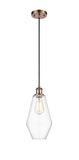 516-1P-AC-G652-7 Cord Hung 7" Antique Copper Mini Pendant - Clear Cindyrella 7" Glass - LED Bulb - Dimmensions: 7 x 7 x 14.5<br>Minimum Height : 17.5<br>Maximum Height : 134.5 - Sloped Ceiling Compatible: Yes