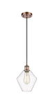 516-1P-AC-G652-8 Cord Hung 8" Antique Copper Mini Pendant - Clear Cindyrella 8" Glass - LED Bulb - Dimmensions: 8 x 8 x 11<br>Minimum Height : 14<br>Maximum Height : 131 - Sloped Ceiling Compatible: Yes