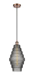 Cord Hung 8.25" Antique Copper Mini Pendant - Smoked Cascade Glass - LED Bulb