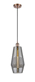 516-1P-AC-G683-7 Cord Hung 7" Antique Copper Mini Pendant - Smoked Windham Glass - LED Bulb - Dimmensions: 7 x 7 x 17<br>Minimum Height : 20<br>Maximum Height : 137 - Sloped Ceiling Compatible: Yes