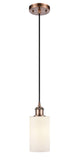 516-1P-AC-G801 Cord Hung 3.875" Antique Copper Mini Pendant - Matte White Clymer Glass - LED Bulb - Dimmensions: 3.875 x 3.875 x 10<br>Minimum Height : 12.75<br>Maximum Height : 130.75 - Sloped Ceiling Compatible: Yes