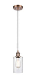 516-1P-AC-G802 Cord Hung 3.875" Antique Copper Mini Pendant - Clear Clymer Glass - LED Bulb - Dimmensions: 3.875 x 3.875 x 10<br>Minimum Height : 12.75<br>Maximum Height : 130.75 - Sloped Ceiling Compatible: Yes