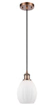 516-1P-AC-G81 Cord Hung 6" Antique Copper Mini Pendant - Matte White Eaton Glass - LED Bulb - Dimmensions: 6 x 6 x 9.5<br>Minimum Height : 13.75<br>Maximum Height : 131.75 - Sloped Ceiling Compatible: Yes