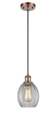 516-1P-AC-G82 Cord Hung 6" Antique Copper Mini Pendant - Clear Eaton Glass - LED Bulb - Dimmensions: 6 x 6 x 9.5<br>Minimum Height : 13.75<br>Maximum Height : 131.75 - Sloped Ceiling Compatible: Yes