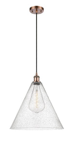 1-Light 16" Antique Copper Pendant - Seedy Ballston Cone Glass LED