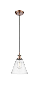Cord Hung 8" Antique Copper Mini Pendant - Clear Ballston Cone Glass - LED Bulb