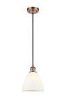516-1P-AC-GBD-751 Cord Hung 7.5" Antique Copper Mini Pendant - Matte White Ballston Dome Glass - LED Bulb - Dimmensions: 7.5 x 7.5 x 11.25<br>Minimum Height : 14.25<br>Maximum Height : 131.25 - Sloped Ceiling Compatible: Yes