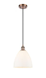 516-1P-AC-GBD-91 Cord Hung 9" Antique Copper Mini Pendant - Matte White Ballston Dome Glass - LED Bulb - Dimmensions: 9 x 9 x 13.25<br>Minimum Height : 16.25<br>Maximum Height : 133.25 - Sloped Ceiling Compatible: Yes