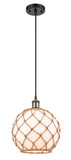 516-1P-BAB-G121-10RB Cord Hung 10" Black Antique Brass Mini Pendant - White Large Farmhouse Glass with Brown Rope Glass - LED Bulb - Dimmensions: 10 x 10 x 13<br>Minimum Height : 15.75<br>Maximum Height : 133.75 - Sloped Ceiling Compatible: Yes