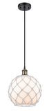 516-1P-BAB-G121-10RW Cord Hung 10" Black Antique Brass Mini Pendant - White Large Farmhouse Glass with White Rope Glass - LED Bulb - Dimmensions: 10 x 10 x 13<br>Minimum Height : 15.75<br>Maximum Height : 133.75 - Sloped Ceiling Compatible: Yes
