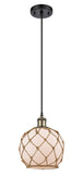 516-1P-BAB-G121-8RB Cord Hung 8" Black Antique Brass Mini Pendant - White Farmhouse Glass with Brown Rope Glass - LED Bulb - Dimmensions: 8 x 8 x 10<br>Minimum Height : 13.75<br>Maximum Height : 131.75 - Sloped Ceiling Compatible: Yes