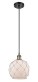 516-1P-BAB-G121-8RW Cord Hung 8" Black Antique Brass Mini Pendant - White Farmhouse Glass with White Rope Glass - LED Bulb - Dimmensions: 8 x 8 x 10<br>Minimum Height : 13.75<br>Maximum Height : 131.75 - Sloped Ceiling Compatible: Yes