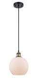516-1P-BAB-G121-8 Cord Hung 8" Black Antique Brass Mini Pendant - Cased Matte White Athens Glass - LED Bulb - Dimmensions: 8 x 8 x 10<br>Minimum Height : 13.75<br>Maximum Height : 131.75 - Sloped Ceiling Compatible: Yes