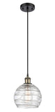 516-1P-BAB-G1213-8 Cord Hung 8" Black Antique Brass Mini Pendant - Clear Athens Deco Swirl 8" Glass - LED Bulb - Dimmensions: 8 x 8 x 10<br>Minimum Height : 13.75<br>Maximum Height : 131.75 - Sloped Ceiling Compatible: Yes