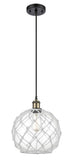 516-1P-BAB-G122-10RW Cord Hung 10" Black Antique Brass Mini Pendant - Clear Large Farmhouse Glass with White Rope Glass - LED Bulb - Dimmensions: 10 x 10 x 13<br>Minimum Height : 15.75<br>Maximum Height : 133.75 - Sloped Ceiling Compatible: Yes