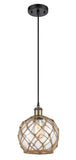 516-1P-BAB-G122-8RB Cord Hung 8" Black Antique Brass Mini Pendant - Clear Farmhouse Glass with Brown Rope Glass - LED Bulb - Dimmensions: 8 x 8 x 10<br>Minimum Height : 13.75<br>Maximum Height : 131.75 - Sloped Ceiling Compatible: Yes