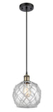 516-1P-BAB-G122-8RW Cord Hung 8" Black Antique Brass Mini Pendant - Clear Farmhouse Glass with White Rope Glass - LED Bulb - Dimmensions: 8 x 8 x 10<br>Minimum Height : 13.75<br>Maximum Height : 131.75 - Sloped Ceiling Compatible: Yes