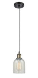 516-1P-BAB-G2511 Cord Hung 5" Black Antique Brass Mini Pendant - Mouchette Caledonia Glass - LED Bulb - Dimmensions: 5 x 5 x 10<br>Minimum Height : 12.75<br>Maximum Height : 130.75 - Sloped Ceiling Compatible: Yes