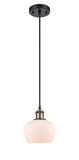 516-1P-BAB-G91 Cord Hung 6.5" Black Antique Brass Mini Pendant - Matte White Fenton Glass - LED Bulb - Dimmensions: 6.5 x 6.5 x 7.5<br>Minimum Height : 11.25<br>Maximum Height : 129.25 - Sloped Ceiling Compatible: Yes