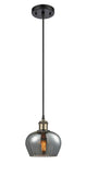 516-1P-BAB-G93 Cord Hung 6.5" Black Antique Brass Mini Pendant - Plated Smoke Fenton Glass - LED Bulb - Dimmensions: 6.5 x 6.5 x 7.5<br>Minimum Height : 11.25<br>Maximum Height : 129.25 - Sloped Ceiling Compatible: Yes