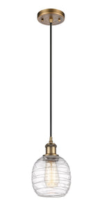 Cord Hung 6" Brushed Brass Mini Pendant - Deco Swirl Belfast Glass - LED Bulb Included