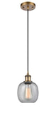 516-1P-BB-G104 Cord Hung 6" Brushed Brass Mini Pendant - Seedy Belfast Glass - LED Bulb - Dimmensions: 6 x 6 x 9<br>Minimum Height : 12.75<br>Maximum Height : 130.75 - Sloped Ceiling Compatible: Yes