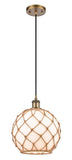 516-1P-BB-G121-10RB Cord Hung 10" Brushed Brass Mini Pendant - White Large Farmhouse Glass with Brown Rope Glass - LED Bulb - Dimmensions: 10 x 10 x 13<br>Minimum Height : 15.75<br>Maximum Height : 133.75 - Sloped Ceiling Compatible: Yes