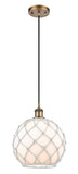 516-1P-BB-G121-10RW Cord Hung 10" Brushed Brass Mini Pendant - White Large Farmhouse Glass with White Rope Glass - LED Bulb - Dimmensions: 10 x 10 x 13<br>Minimum Height : 15.75<br>Maximum Height : 133.75 - Sloped Ceiling Compatible: Yes