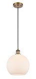 516-1P-BB-G121-10 Cord Hung 10" Brushed Brass Mini Pendant - Cased Matte White Large Athens Glass - LED Bulb - Dimmensions: 10 x 10 x 13<br>Minimum Height : 15.75<br>Maximum Height : 133.75 - Sloped Ceiling Compatible: Yes