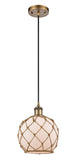 516-1P-BB-G121-8RB Cord Hung 8" Brushed Brass Mini Pendant - White Farmhouse Glass with Brown Rope Glass - LED Bulb - Dimmensions: 8 x 8 x 10<br>Minimum Height : 13.75<br>Maximum Height : 131.75 - Sloped Ceiling Compatible: Yes