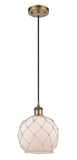 516-1P-BB-G121-8RW Cord Hung 8" Brushed Brass Mini Pendant - White Farmhouse Glass with White Rope Glass - LED Bulb - Dimmensions: 8 x 8 x 10<br>Minimum Height : 13.75<br>Maximum Height : 131.75 - Sloped Ceiling Compatible: Yes