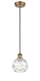 516-1P-BB-G1213-6 Cord Hung 6" Brushed Brass Mini Pendant - Clear Athens Deco Swirl 8" Glass - LED Bulb - Dimmensions: 6 x 6 x 8<br>Minimum Height : 13.75<br>Maximum Height : 131.75 - Sloped Ceiling Compatible: Yes