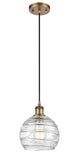516-1P-BB-G1213-8 Cord Hung 8" Brushed Brass Mini Pendant - Clear Athens Deco Swirl 8" Glass - LED Bulb - Dimmensions: 8 x 8 x 10<br>Minimum Height : 13.75<br>Maximum Height : 131.75 - Sloped Ceiling Compatible: Yes