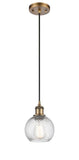 516-1P-BB-G1214-6 Cord Hung 6" Brushed Brass Mini Pendant - Clear Athens Twisted Swirl 6" Glass - LED Bulb - Dimmensions: 6 x 6 x 8<br>Minimum Height : 13.75<br>Maximum Height : 131.75 - Sloped Ceiling Compatible: Yes