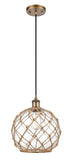 516-1P-BB-G122-10RB Cord Hung 10" Brushed Brass Mini Pendant - Clear Large Farmhouse Glass with Brown Rope Glass - LED Bulb - Dimmensions: 10 x 10 x 13<br>Minimum Height : 15.75<br>Maximum Height : 133.75 - Sloped Ceiling Compatible: Yes