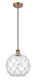 516-1P-BB-G122-10RW Cord Hung 10" Brushed Brass Mini Pendant - Clear Large Farmhouse Glass with White Rope Glass - LED Bulb - Dimmensions: 10 x 10 x 13<br>Minimum Height : 15.75<br>Maximum Height : 133.75 - Sloped Ceiling Compatible: Yes