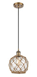 516-1P-BB-G122-8RB Cord Hung 8" Brushed Brass Mini Pendant - Clear Farmhouse Glass with Brown Rope Glass - LED Bulb - Dimmensions: 8 x 8 x 10<br>Minimum Height : 13.75<br>Maximum Height : 131.75 - Sloped Ceiling Compatible: Yes