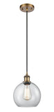 516-1P-BB-G122-8 Cord Hung 8" Brushed Brass Mini Pendant - Clear Athens Glass - LED Bulb - Dimmensions: 8 x 8 x 10<br>Minimum Height : 13.75<br>Maximum Height : 131.75 - Sloped Ceiling Compatible: Yes