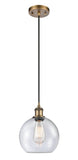 516-1P-BB-G124-8 Cord Hung 8" Brushed Brass Mini Pendant - Seedy Athens Glass - LED Bulb - Dimmensions: 8 x 8 x 10<br>Minimum Height : 13.75<br>Maximum Height : 131.75 - Sloped Ceiling Compatible: Yes