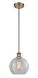 516-1P-BB-G125-8 Cord Hung 8" Brushed Brass Mini Pendant - Clear Crackle Athens Glass - LED Bulb - Dimmensions: 8 x 8 x 10<br>Minimum Height : 13.75<br>Maximum Height : 131.75 - Sloped Ceiling Compatible: Yes