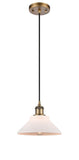 516-1P-BB-G131 Cord Hung 8.375" Brushed Brass Mini Pendant - Matte White Orwell Glass - LED Bulb - Dimmensions: 8.375 x 8.375 x 6.5<br>Minimum Height : 10.75<br>Maximum Height : 128.75 - Sloped Ceiling Compatible: Yes