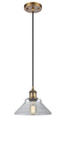 516-1P-BB-G132 Cord Hung 8.375" Brushed Brass Mini Pendant - Clear Orwell Glass - LED Bulb - Dimmensions: 8.375 x 8.375 x 6.5<br>Minimum Height : 10.75<br>Maximum Height : 128.75 - Sloped Ceiling Compatible: Yes