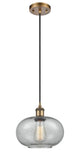 516-1P-BB-G247 Cord Hung 9.5" Brushed Brass Mini Pendant - Charcoal Gorham Glass - LED Bulb - Dimmensions: 9.5 x 9.5 x 11<br>Minimum Height : 13.75<br>Maximum Height : 131.75 - Sloped Ceiling Compatible: Yes
