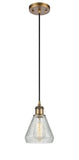 516-1P-BB-G275 Cord Hung 6" Brushed Brass Mini Pendant - Clear Crackle Conesus Glass - LED Bulb - Dimmensions: 6 x 6 x 10<br>Minimum Height : 13.75<br>Maximum Height : 131.75 - Sloped Ceiling Compatible: Yes